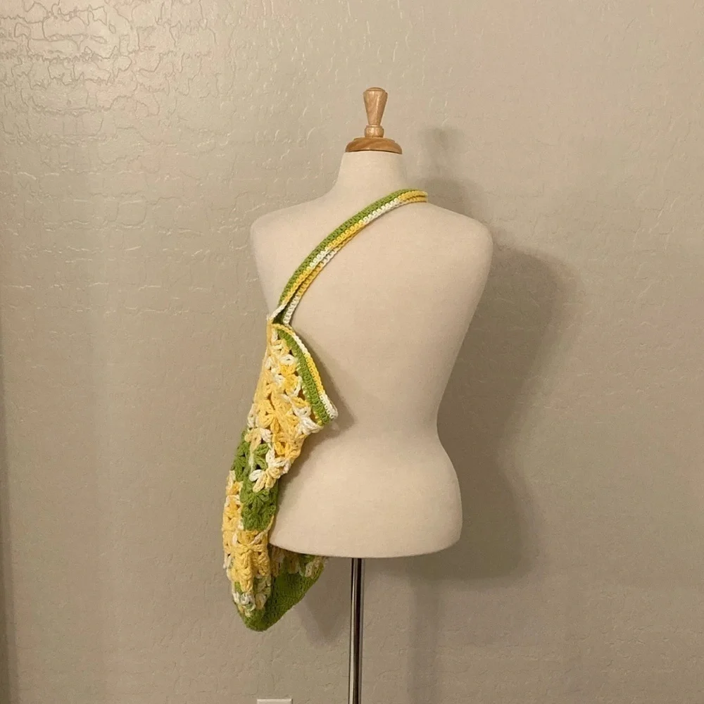 Vintage Handmade Quilt Granny Crotchet Large Crossbody Shopping Bag - Picture 5 of 13